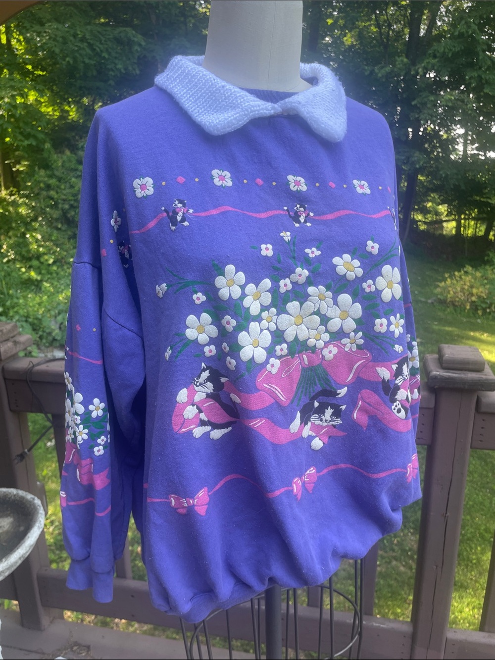 Purple Floral & Cat Print Vintage Crewneck with White Collar
